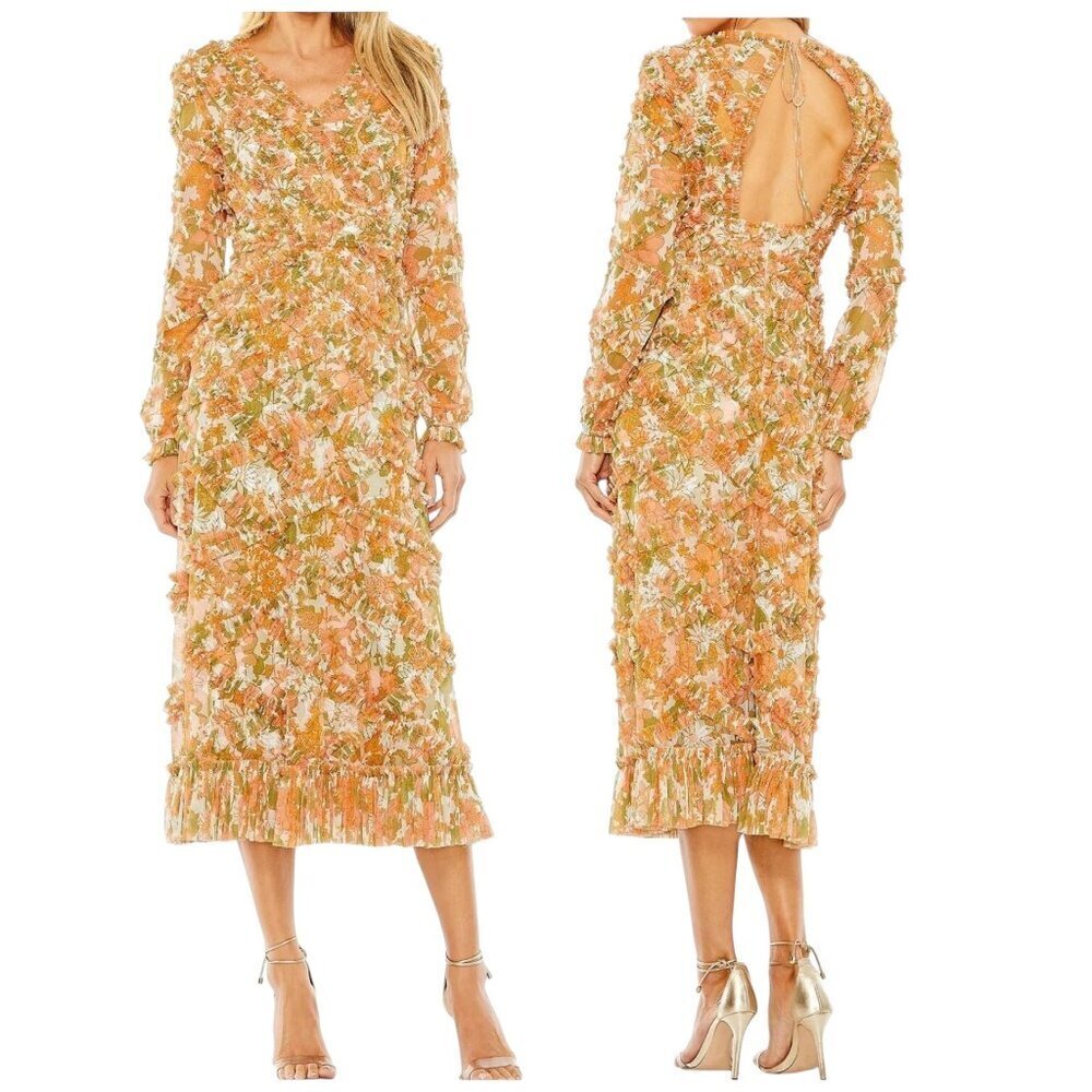Mac Duggal Cutout Back Lattice Ruffle Floral Midi Dress Size 6 NWT